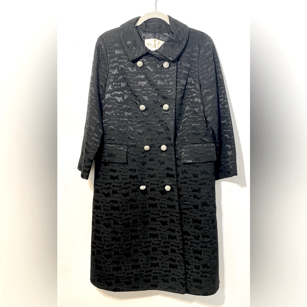 Vtg 60s Hess Apparel Glam Black Long retro trench with rhinestone buttons M